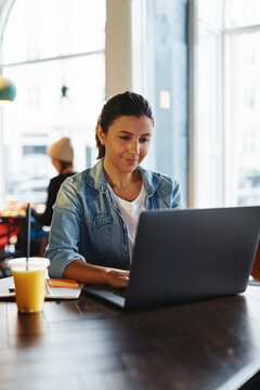 Smiling female entrepreneur sitting in a cafe using her laptop
