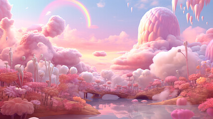 fantasy landscape with pink clouds and sky