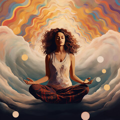 Attractive young woman meditating in the lotus position surrounded by clouds and psychic waves - obrazy, fototapety, plakaty