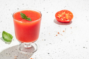 Vegetable tomato drink. organic healthy products. Detox and clean diet concept. place for text, top view