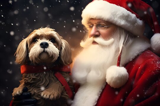 Santa Claus holding his cute pet dog, Santa Claus and Adorable Pet Dog: Heartwarming Holiday Image for Festive Designs