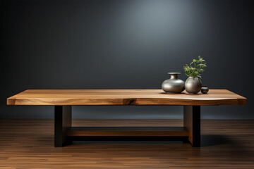 Luxury wooden table with lamp and vase on dark background. 3d rendering. ia generated