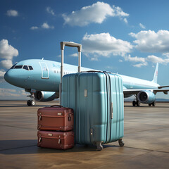 Fototapeta na wymiar two suitcases on the ground with airplane in the background. travel concept.ia generated