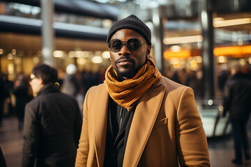 Handsome african american man in beige coat, scarf and sunglasses on the street. ia generated - obrazy, fototapety, plakaty