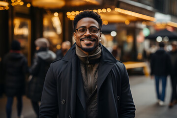Portrait of a handsome young African American man in a coat and glasses on a city street. ia generated - obrazy, fototapety, plakaty