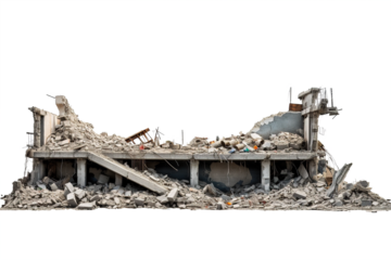 Wrecked Building Panorama with Concrete Debris and Huge Beam