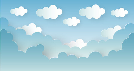Beautiful paper cut blue  sky with clouds . Vector background