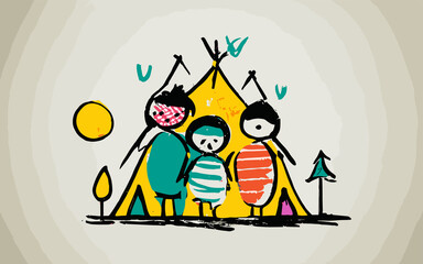 Camping with family. Childish artwork style