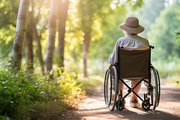 No one can take away the love of life from me. The breath of wind in an summer park inspires me. Back view of an elder woman in a wheelchair enjoying the summer city park.