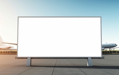 Runway Airport with plane billboard mockup with white screen. Business concept, outdoor board, empty frame
