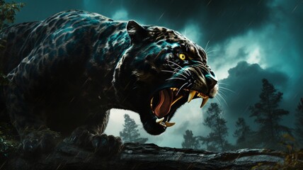 Angry leaping panther with turquoise stripes black animal image Ai generated art - obrazy, fototapety, plakaty