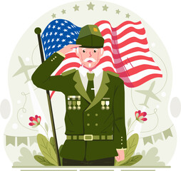 A Male Senior Veteran Saluting on Veterans Day With a Fluttering American Flag Background