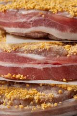 Beef cutlets for burgers with breading in bacon.