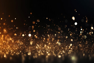 Abstract gold shiny Christmas background with bokeh. Holiday bright golden dust. Blurred backdrop with particles.