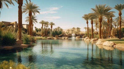 Fototapeta na wymiar Artificial lake garden with palm trees photography image Ai generated art