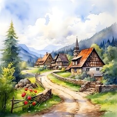 Warm and tidy little village, landscape background, watercolor
