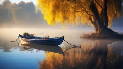 Autumn trees and boat painting kit landscape painting image Ai generated art