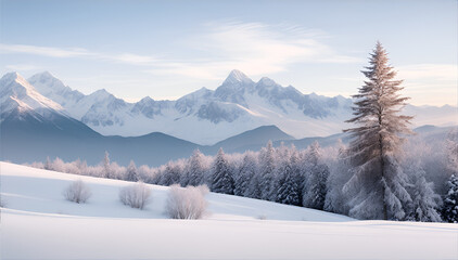 A snowy mountain landscape with trees in the foreground. The mountain is tall and majestic, and the trees are covered in snow. The sky is blue and clear - obrazy, fototapety, plakaty