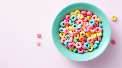 Bowl with fruit cereal rings on a light pink background, top view banner