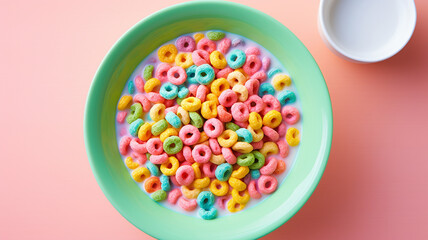 Tiffany blue bowl with colored cereal rings with milk on a pink background with a cup of milk on the right top view