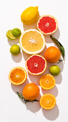 Fresh citrus fruits fool of vitamins: oranges, blood oranges (tarocco), pomelo, grapefruit lemons and lime on white background, sunlight, top view - obrazy, fototapety, plakaty