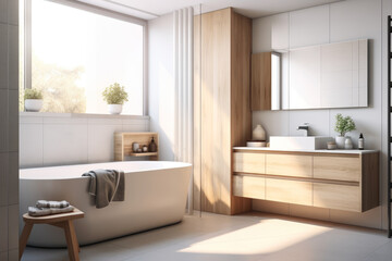 Fototapeta na wymiar Interior of a modern spacious bathroom with a sink with a mirror and a bathtub and a window