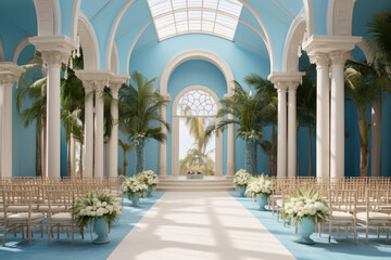 a wedding aisle made of bleached blue walls and palm trees - obrazy, fototapety, plakaty