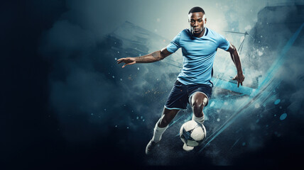 Young sporty athletic african man wearing in blue sport clothes, soccer football player in action on dark blue background. Concept of sport, game, action. Copy space for ad. Modern design background