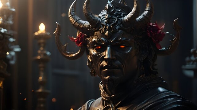 Great warrior with horns. Demon horns. Devil head with horns, lord of hell, eyes of satan. Ai ganerated image. 