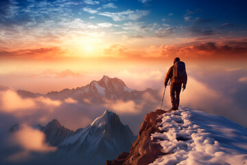 Mountaineer on the top of the mountain. Morning atmosphere, sun rising above the clouds. mountaineering, mountaineering, hiking. Love for nature. high mountain. risky sport - obrazy, fototapety, plakaty