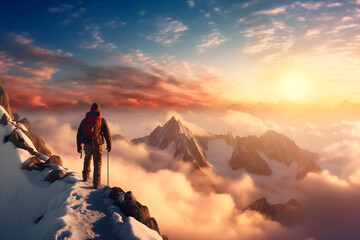 Mountaineer on the top of the mountain. Morning atmosphere, sun rising above the clouds. mountaineering, mountaineering, hiking. Love for nature. high mountain. risky sport
