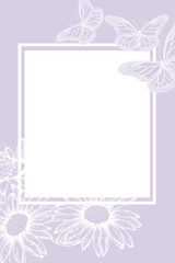 Vector rectangular postcard frame for invitations and postcards with hand-drawn botanical elements on a lilac background