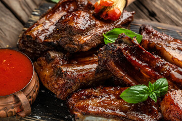 barbecue ribs with sauce. Food recipe background. Close up