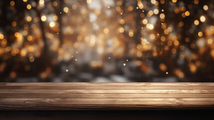 Wooden table in front of winter forest with bokeh lights.