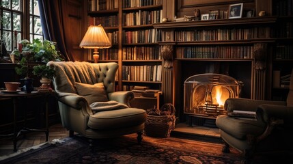 Fototapeta na wymiar A cozy library with a fireplace and shelves of old books. A sense of nostalgia and intellectual calm.