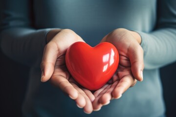 Close up of red heart holding in hands. Concept of health and medical care.