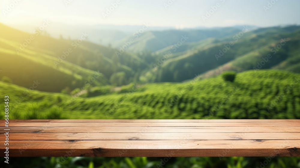 Poster wooden table top with blurred green tea mountain and grass field representing a fresh and relaxing c