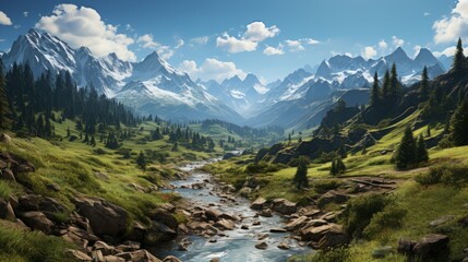 Fototapeta na wymiar Exquisite Alpine Marvel: Majestic Peaks, Lush Valleys and Tranquil Rivers amidst Enchanting Landscapes in Switzerland, generative AI
