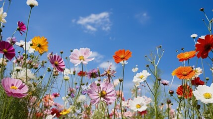 Obraz premium Wild flowers blooming at Savill Garden Egham UK captured against a blue sky