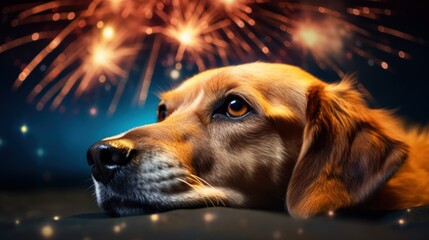 Dogs Scared of Fireworks. Tips For Dogs That Are Afraid Of Fireworks. Ways to Calm Dog During Fireworks - obrazy, fototapety, plakaty