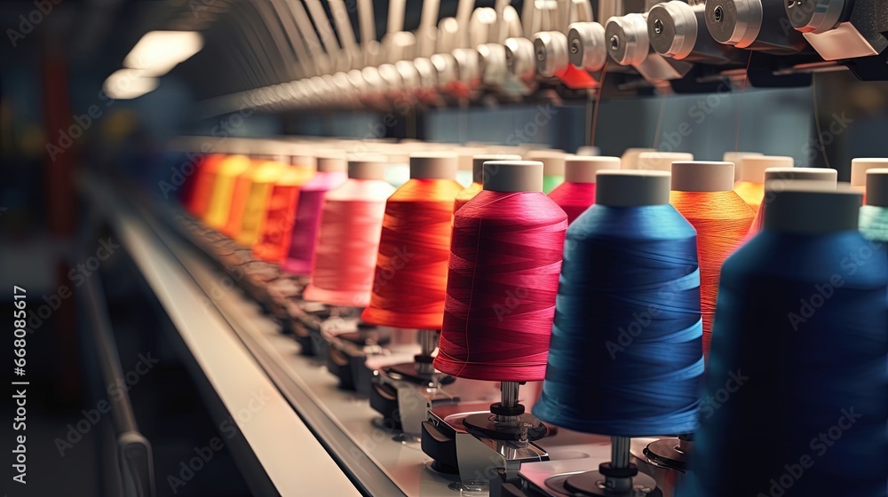 Poster Textile factory with spinning and embroidery machines creating colorful threads and fabrics