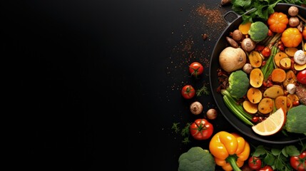 Vegetarian preparation of autumn harvest with copper pan on dark backdrop - obrazy, fototapety, plakaty