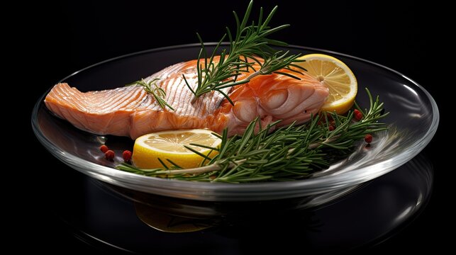 Red fish fillet served with lemon and rosemary on a plate