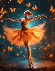 Amber light over a ballerina fairy dancing amongst glowing golden butterflies. Concept of autumn grace and turning colours. Digital illustration. CG Artwork Background - obrazy, fototapety, plakaty