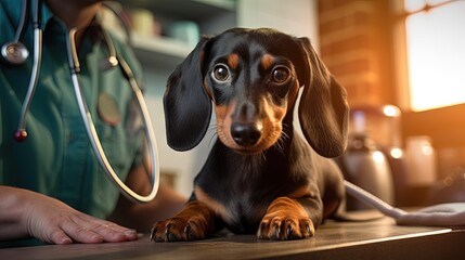 Veterinarian examining a brown dachshund on a table with owner s support using a stethoscope