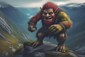 A scary troll standing in a mountainous area, Norwegian mythology. - obrazy, fototapety, plakaty