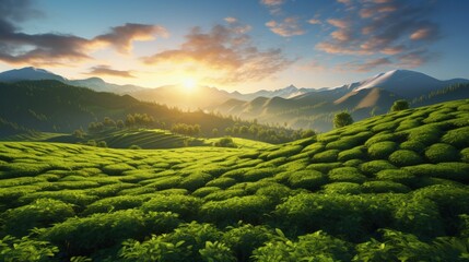 Sunrise at a green tea plantation with a natural backdrop - obrazy, fototapety, plakaty