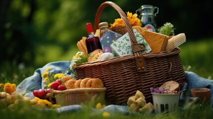 Various snacks in garden picnic basket