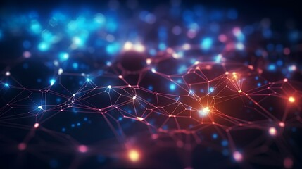 Abstract connected dots and lines glowing neon that burst. AI technology concept, digital data flow movement. Communication and network. 3D rendering. generative AI