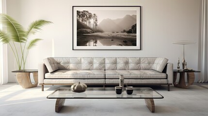 Taupe leather sofa and glass table in white living room - obrazy, fototapety, plakaty